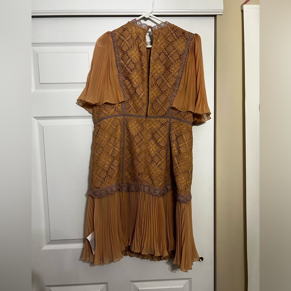 ASOS Pleated Lace Overlay Midi Dress in Caramel - Picture 3 of 5